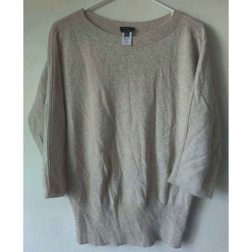 Talbot's Women's Pure‎ Cashmere Sweater 3/4 Sleeve Wide Round Neck Beige Size M